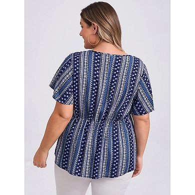 Plus Size Tops for Women Boho Floral Print Drawstring Collar Ruffle Sleeve Gathered Babydoll Blouses