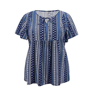 Plus Size Tops for Women Boho Floral Print Drawstring Collar Ruffle Sleeve Gathered Babydoll Blouses