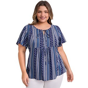 Plus Size Tops for Women Boho Floral Print Drawstring Collar Ruffle Sleeve Gathered Babydoll Blouses