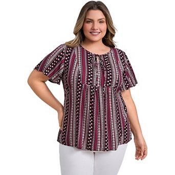 Plus Size Tops for Women Boho Floral Print Drawstring Collar Ruffle Sleeve Gathered Babydoll Blouses