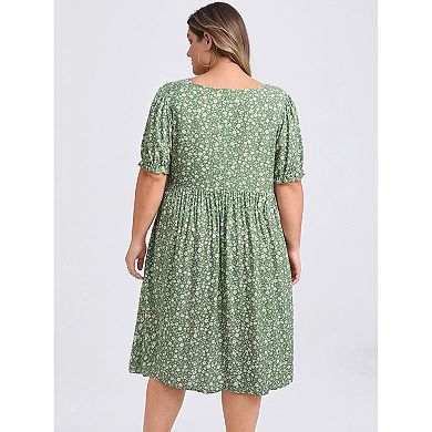 Women's Plus Size Ditsy Floral Print Tie Neck Puff Sleeve A-Line Dress with Elastic Waist