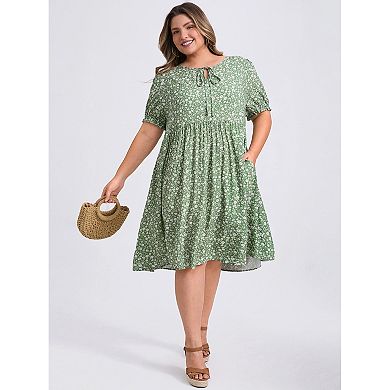 Women's Plus Size Ditsy Floral Print Tie Neck Puff Sleeve A-Line Dress with Elastic Waist