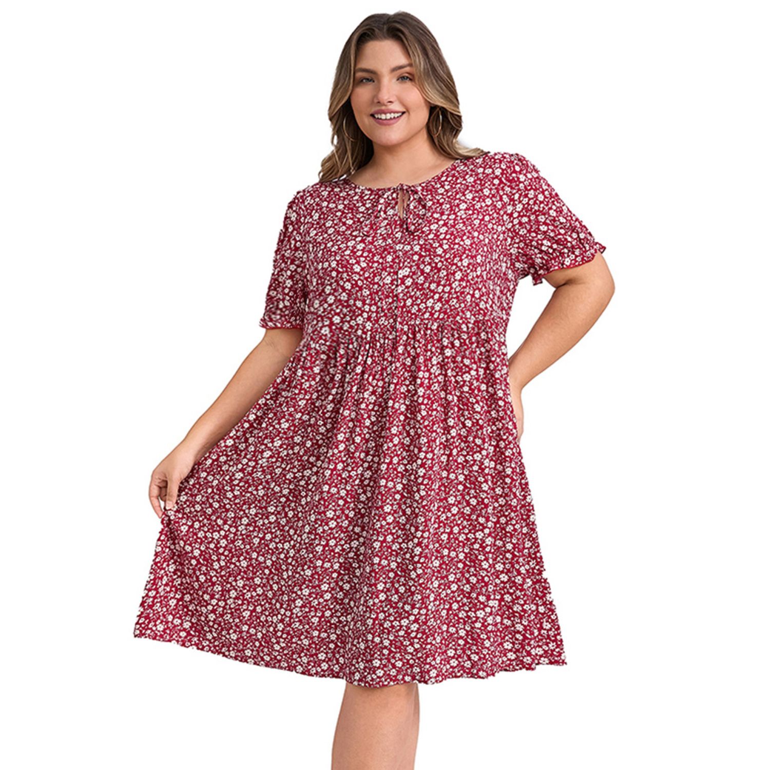 Женские платья Plus Size Ditsy Floral Print Tie Neck Puff Sleeve A-Line Dress with Elastic Waist