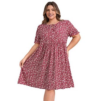 Women's Plus Size Ditsy Floral Print Tie Neck Puff Sleeve A-Line Dress with Elastic Waist