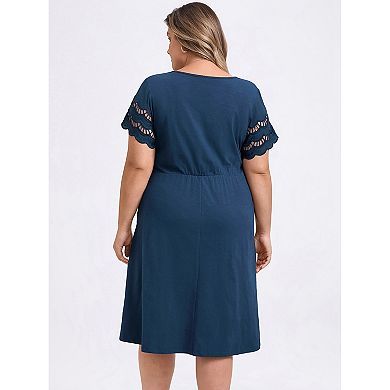 Women's Plus Size Summer Knit V-Neck Elastic Waist A-Line Hollow Out Sleeve Dresses with Pockets