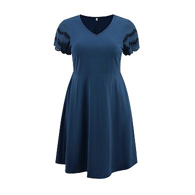 Women's Plus Size Summer Knit V-Neck Elastic Waist A-Line Hollow Out Sleeve Dresses with Pockets