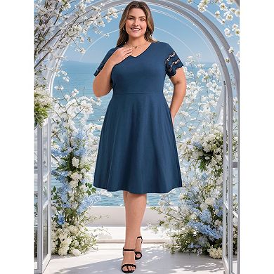Women's Plus Size Summer Knit V-Neck Elastic Waist A-Line Hollow Out Sleeve Dresses with Pockets