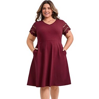 Women's Plus Size Summer Knit V-Neck Elastic Waist A-Line Hollow Out Sleeve Dresses with Pockets