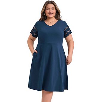 Women's Plus Size Summer Knit V-Neck Elastic Waist A-Line Hollow Out Sleeve Dresses with Pockets
