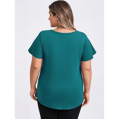 Plus Size Blouses for Women Front Pleated V Neck Flutter Sleeve Blouse Button Decor Casual Tops