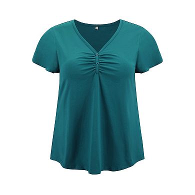 Plus Size Blouses for Women Front Pleated V Neck Flutter Sleeve Blouse Button Decor Casual Tops