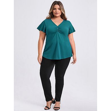 Plus Size Blouses for Women Front Pleated V Neck Flutter Sleeve Blouse Button Decor Casual Tops