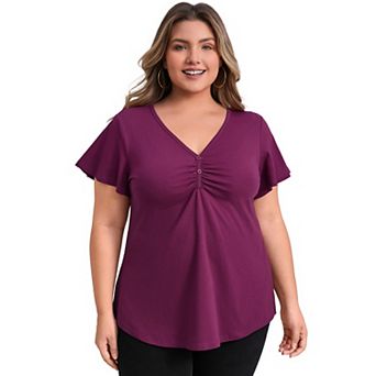 Plus Size Blouses for Women Front Pleated V Neck Flutter Sleeve Blouse Button Decor Casual Tops