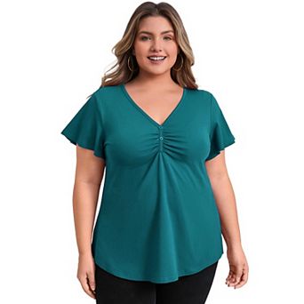 Plus Size Blouses for Women Front Pleated V Neck Flutter Sleeve Blouse Button Decor Casual Tops