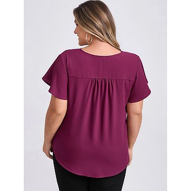 Plus Size Blouses for Women Pleated Ruffle Short Sleeve V Neck Button Decor Dressy Casual Tops
