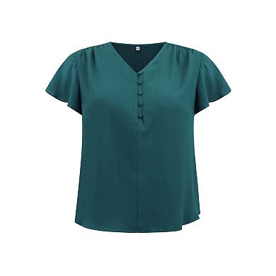 Plus Size Blouses for Women Pleated Ruffle Short Sleeve V Neck Button Decor Dressy Casual Tops