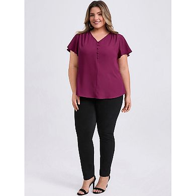 Plus Size Blouses for Women Pleated Ruffle Short Sleeve V Neck Button Decor Dressy Casual Tops