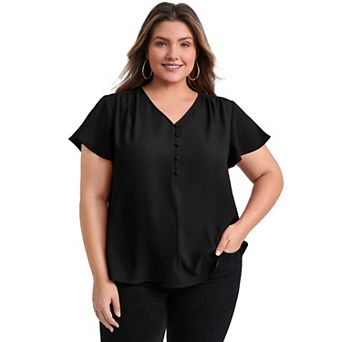 Plus Size Blouses for Women Pleated Ruffle Short Sleeve V Neck Button Decor Dressy Casual Tops