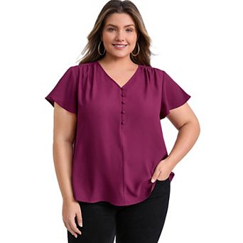 Plus Size Blouses for Women Pleated Ruffle Short Sleeve V Neck Button Decor Dressy Casual Tops