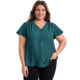 Plus Size Blouses for Women Pleated Ruffle Short Sleeve V Neck Button Decor Dressy Casual Tops