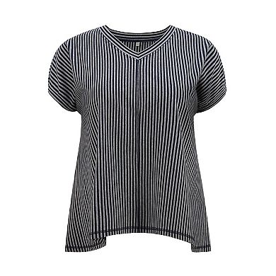 Plus Size Tops for Women Vertical Stripe V Neck Drop Shoulder Short Sleeve Knit Blouses