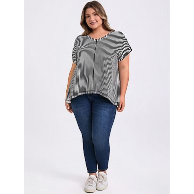 Plus Size Tops for Women Vertical Stripe V Neck Drop Shoulder Short Sleeve Knit Blouses