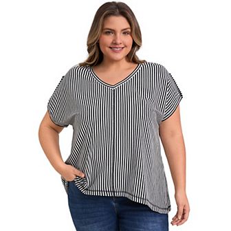 Plus Size Tops for Women Vertical Stripe V Neck Drop Shoulder Short Sleeve Knit Blouses