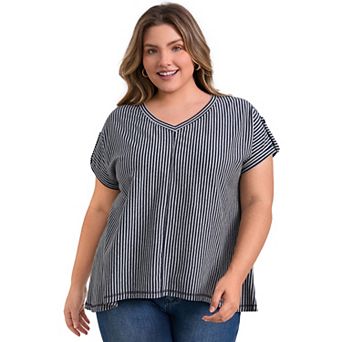 Plus Size Tops for Women Vertical Stripe V Neck Drop Shoulder Short Sleeve Knit Blouses