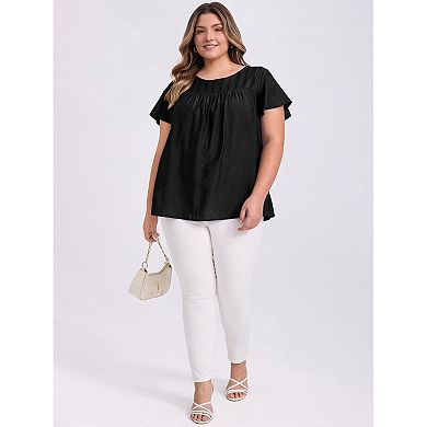 Women's Plus Size Crew Neck Ruffle Short Sleeve Blouses Toothpick Pleated Texture Casual Tops