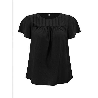 Women's Plus Size Crew Neck Ruffle Short Sleeve Blouses Toothpick Pleated Texture Casual Tops