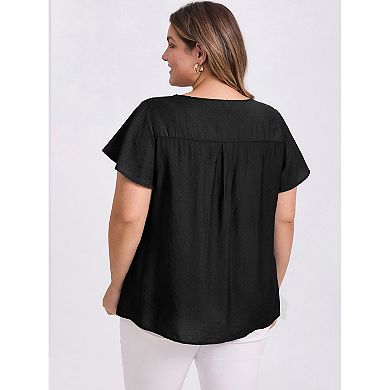 Women's Plus Size Crew Neck Ruffle Short Sleeve Blouses Toothpick Pleated Texture Casual Tops