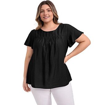Women's Plus Size Crew Neck Ruffle Short Sleeve Blouses Toothpick Pleated Texture Casual Tops