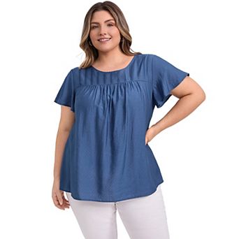 Women's Plus Size Crew Neck Ruffle Short Sleeve Blouses Toothpick Pleated Texture Casual Tops