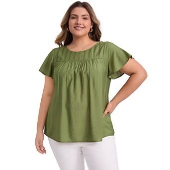 Women's Plus Size Crew Neck Ruffle Short Sleeve Blouses Toothpick Pleated Texture Casual Tops