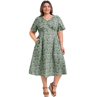 Plus Size Dress for Women Boho Floral Print V Neck Short Sleeve Pockets Maxi T-Shirts Dresses