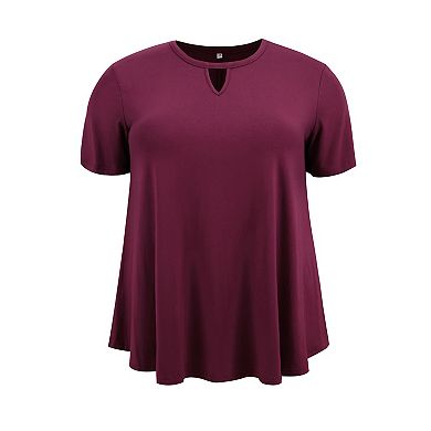 Women's Plus Size Blouses Keyhole V Neck Tunics Tops Short Sleeve Swing Casual Knit Blouse