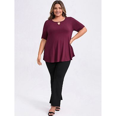 Women's Plus Size Blouses Keyhole V Neck Tunics Tops Short Sleeve Swing Casual Knit Blouse