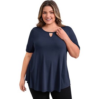 Women's Plus Size Blouses Keyhole V Neck Tunics Tops Short Sleeve Swing Casual Knit Blouse