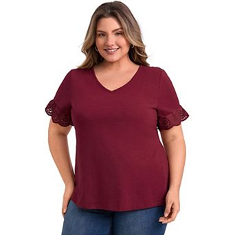 Plus Size Tops for Women Eyelet Embroidered Lace Short Sleeve Blouses V Neck Dressy Casual Top