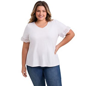 Plus Size Tops for Women Eyelet Embroidered Lace Short Sleeve Blouses V Neck Dressy Casual Top