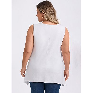 Women's Plus Size Tank Tops Sleeveless Scoop Neck Hanky Asymmetrical Hem Top with Pockets