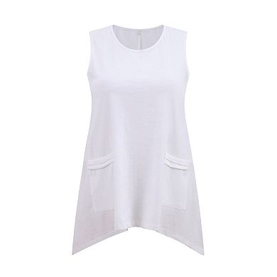 Women's Plus Size Tank Tops Sleeveless Scoop Neck Hanky Asymmetrical Hem Top with Pockets