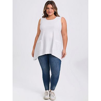 Women's Plus Size Tank Tops Sleeveless Scoop Neck Hanky Asymmetrical Hem Top with Pockets
