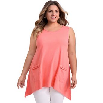 Women's Plus Size Tank Tops Sleeveless Scoop Neck Hanky Asymmetrical Hem Top with Pockets