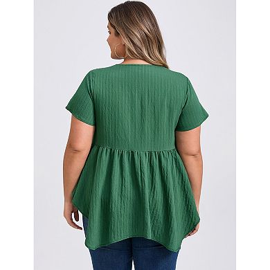 Plus Size Tunic Tops for Women Texture V Neck Short Sleeve Blouses Button Decor Asymmetric Hem Top