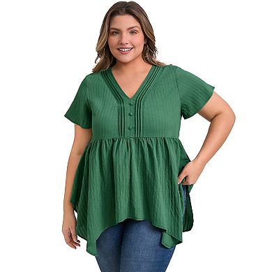 Plus Size Tunic Tops for Women Texture V Neck Short Sleeve Blouses Button Decor Asymmetric Hem Top