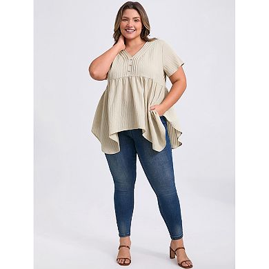 Plus Size Tunic Tops for Women Texture V Neck Short Sleeve Blouses Button Decor Asymmetric Hem Top