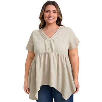 Plus Size Tunic Tops for Women Texture V Neck Short Sleeve Blouses Button Decor Asymmetric Hem Top