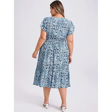 Plus Size Dress for Women Boho Floral Print V Neck Cap Sleeve Elastic Waist A Line Maxi Dresses