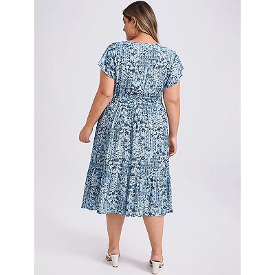 Plus Size Dress for Women Boho Floral Print V Neck Cap Sleeve Elastic Waist  A Line Maxi Dresses